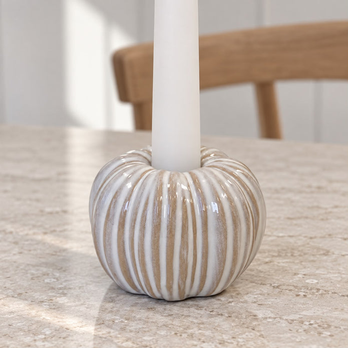 Ceramic Natural Pumpkin Dinner Candle Holder, close-up of the striped pumpkin holder and white candle