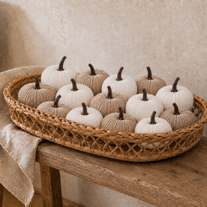 Neutral Fabric Mini Pumpkins, cream and beige fabric mini pumpkins in a wicker tray