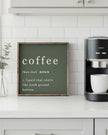 Large olive green framed coffee-themed home decor sign by Williamraedesigns featuring bold lettering and rustic wooden frame.