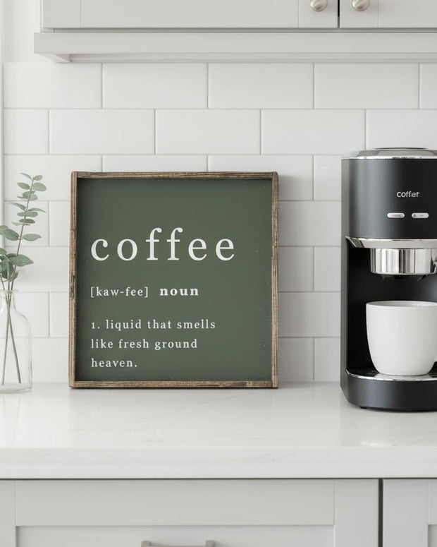 Large olive green framed coffee sign, Williamraedesigns home decor piece with stylish lettering and rustic wooden frame.