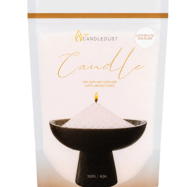 White Scented Candle Sand Kit –  Champagne Rhubarb, front view of the Champagne Rhubarb candle-sand pouch
