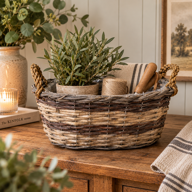 Satchville Meon Willow Oval Basket with handles, natural woven basket ideal for storage or decorative use.