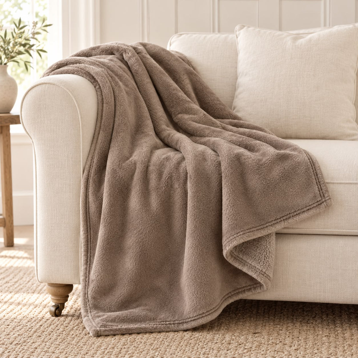 Beige Luxury Snuggle Blanket Throw, beige throw draped over a cream sofa