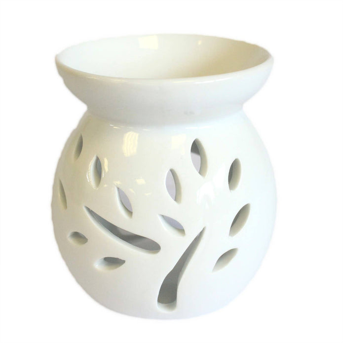 White small tree-shaped wax melt burner from Ancient Wisdom, designed for essential oils and aromatherapy use.