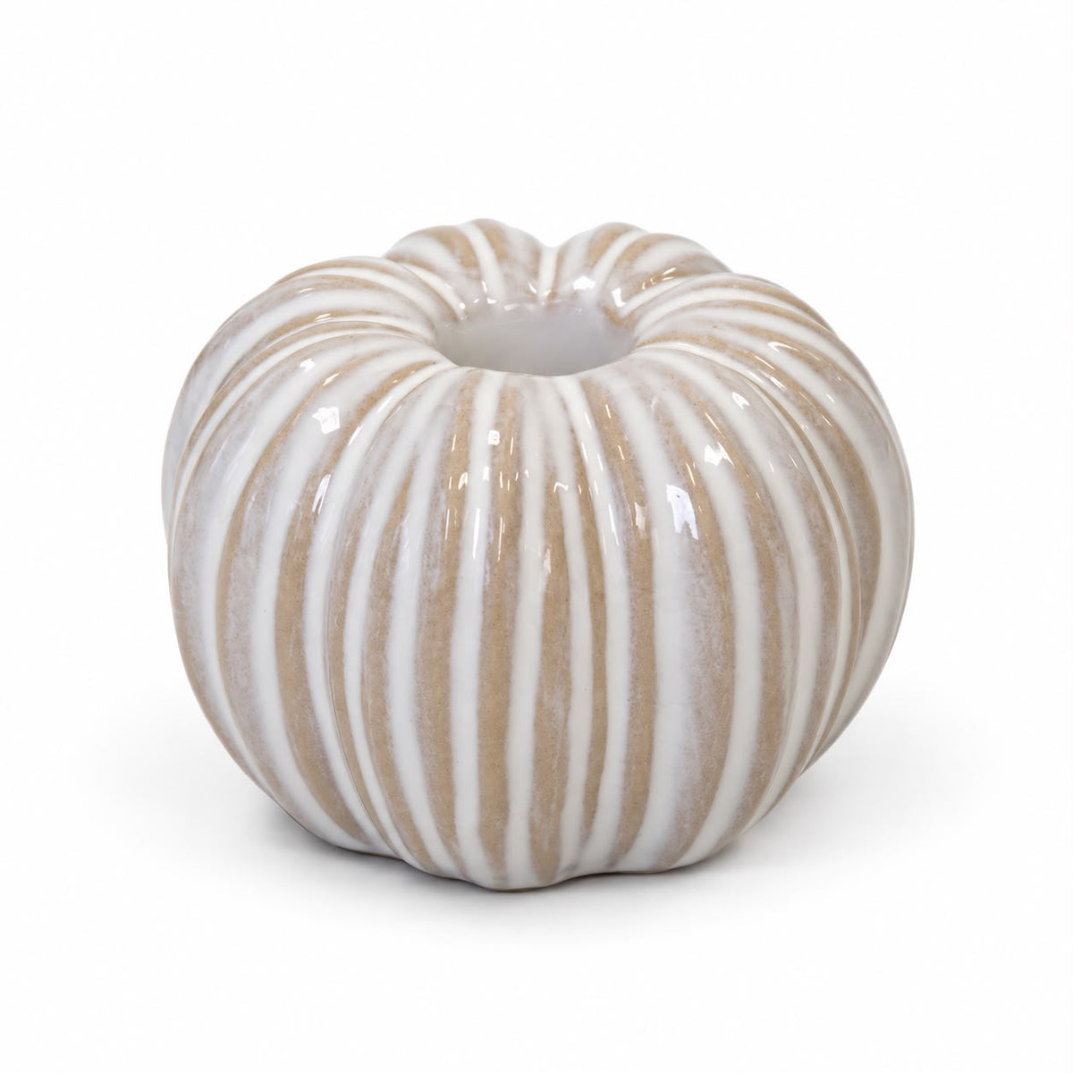 Ceramic Natural Pumpkin Dinner Candle Holder, empty striped ceramic pumpkin candle holder against white