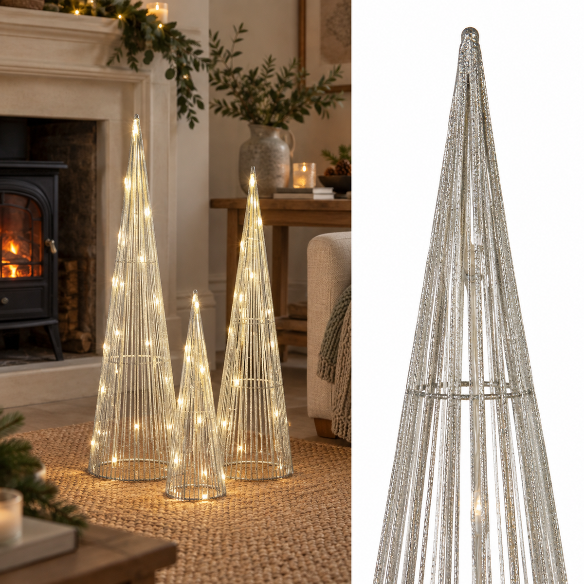 Silver Sparkly Light-Up LED Trees – Set of 3