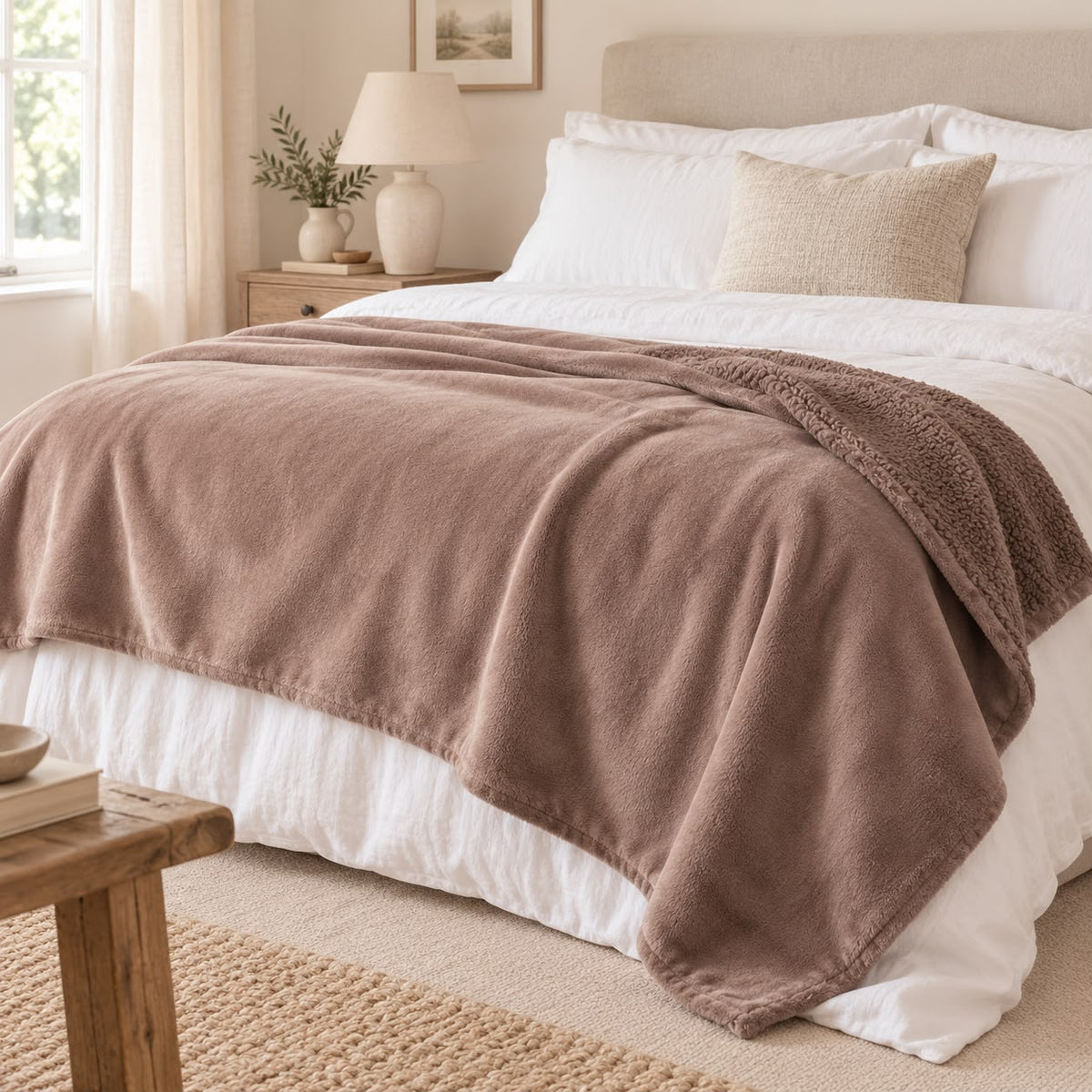 Coffee Brown Luxury Snuggle Blanket Throw, coffee brown throw spread across a neutral bed