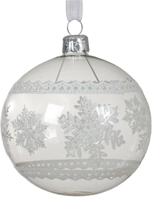 Clear Glass Bauble White Glitter Snow