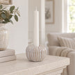 Ceramic Natural Pumpkin Dinner Candle Holder, striped pumpkin candle holder on a mantel