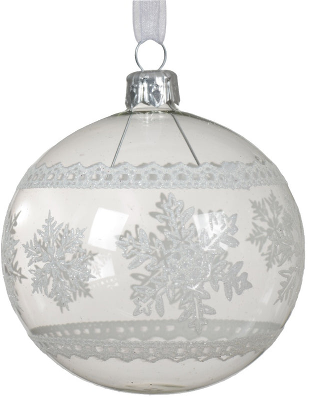 Clear Glass Bauble White Glitter Snow