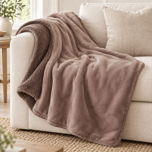 Coffee Brown Luxury Snuggle Blanket Throw, coffee brown throw draped over a cream sofa