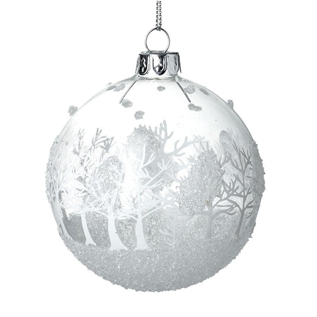 White Glass Bauble With Snowy Winter Scene, snowy woodland glass bauble against white