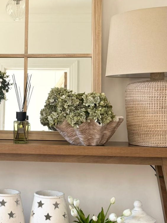 Large neutral stone clam shell bowl by Hill Interiors, ideal for home decor, with a matte finish and natural stone appearance.