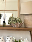 Large neutral stone clam shell bowl by Hill Interiors, ideal for home decor, with a matte finish and natural stone appearance.