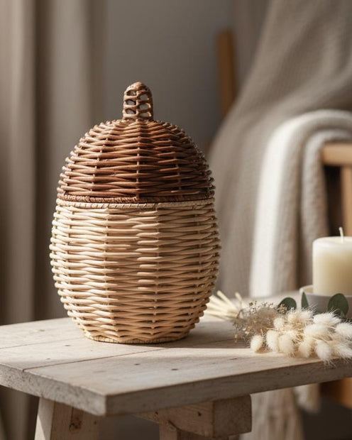 Rattan Acorn Storage Basket with Lid – Natural Decorative Storage Solution, two-tone woven acorn basket on a rustic bench