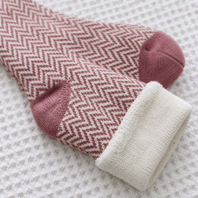 Cosy Cuff Socks - Pink Herringbone, close-up of pink herringbone knit, toe and cream cuff