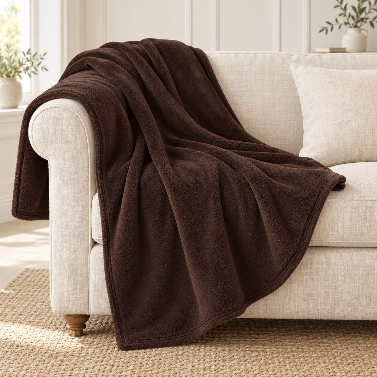 Chocolate Brown Luxury Snuggle Blanket Throw, chocolate brown throw draped over a cream sofa