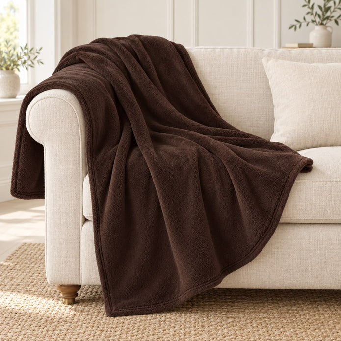 Chocolate Brown Luxury Snuggle Blanket Throw, chocolate brown throw draped over a cream sofa