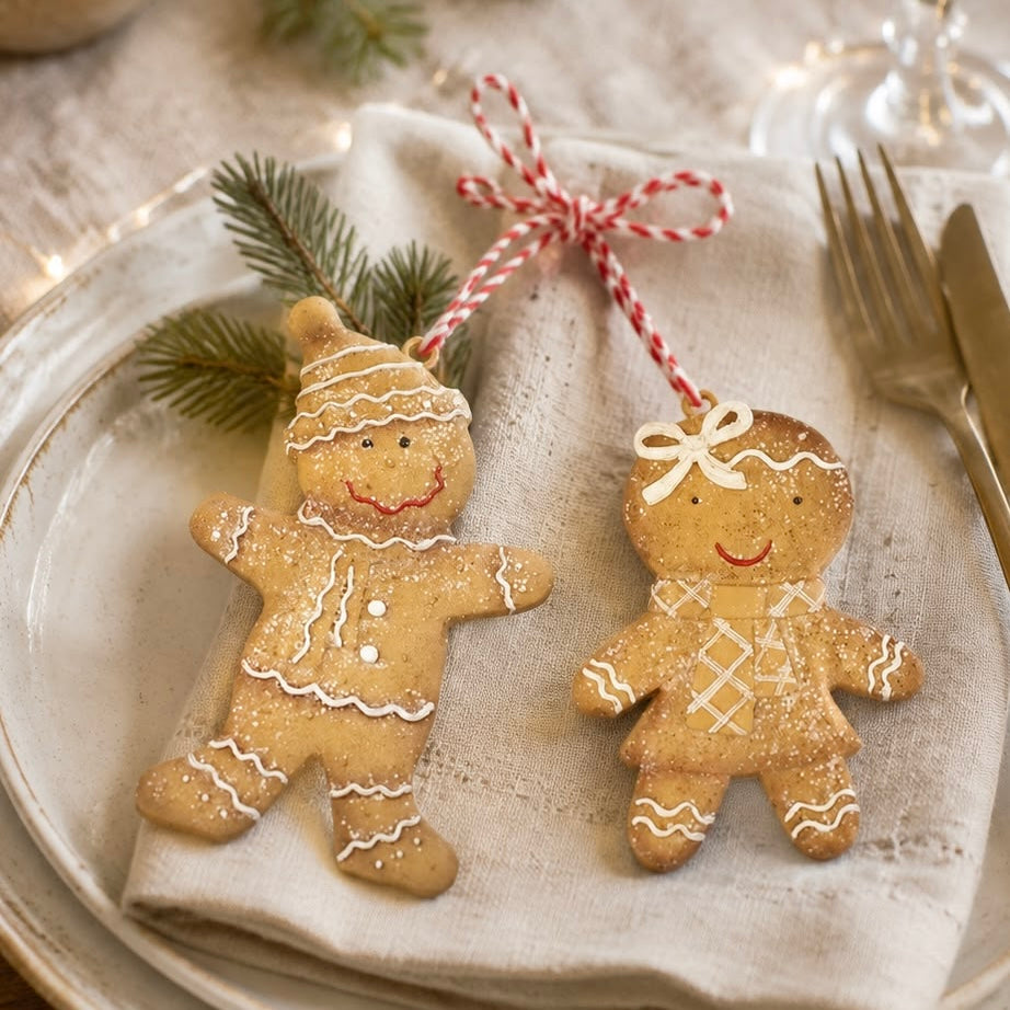 Hanging Gingerbread People, gingerbread decorations tied around festive table linen