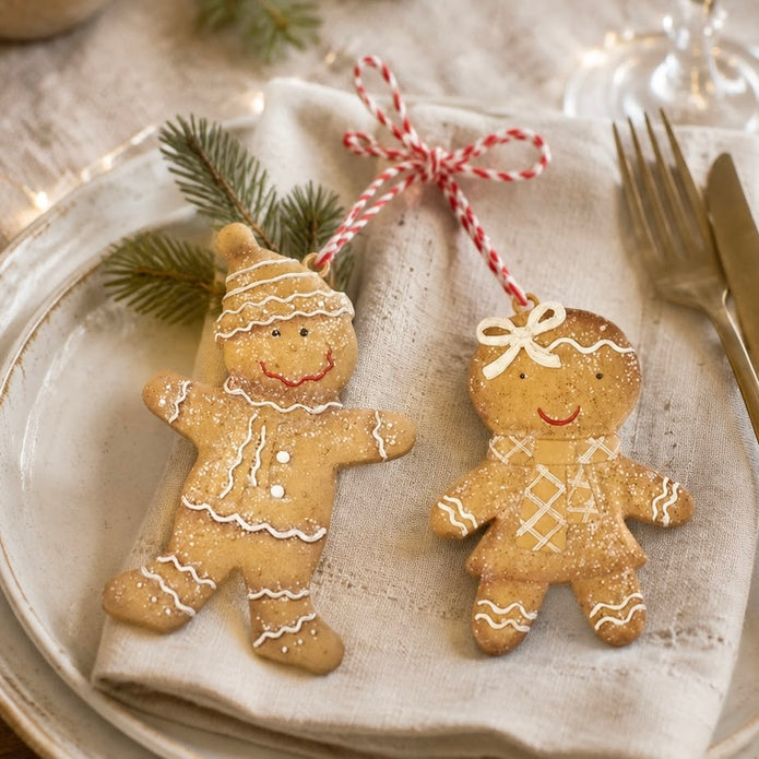 Hanging Gingerbread People, gingerbread decorations tied around festive table linen