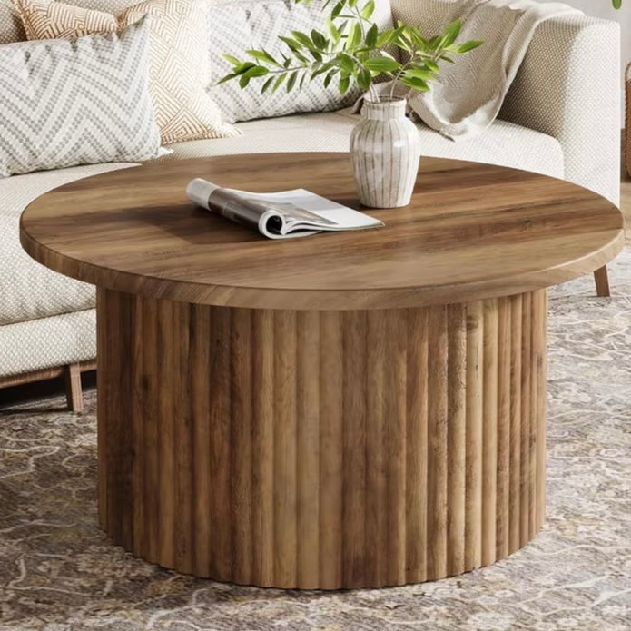 Rustic Natural Round Closed Slatted Wood Coffee Table