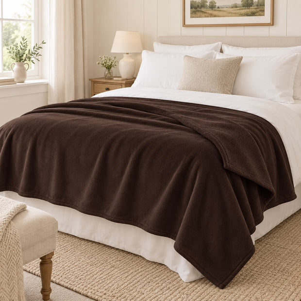 Chocolate Brown Luxury Snuggle Blanket Throw, chocolate brown throw spread over a neutral bed