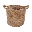 Natural woven basket with two loop handles shown individually on white