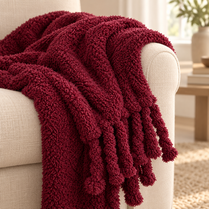 Burgundy Sherpa Tasselled Blanket Throw