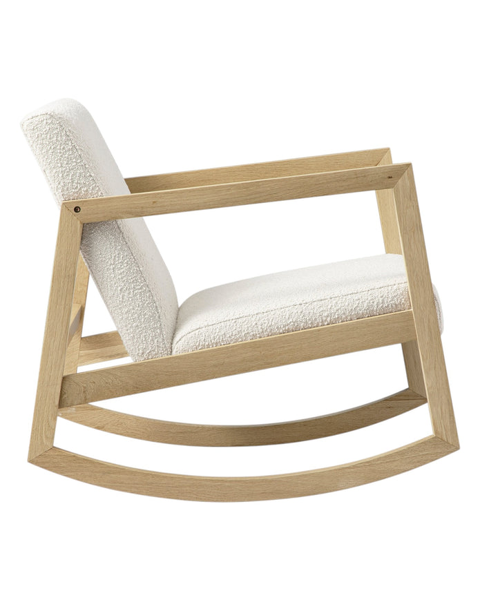 Cream boucle Sherpa rocking chair by Starlight Express with plush fabric and wooden rocking base, modern furniture design.
