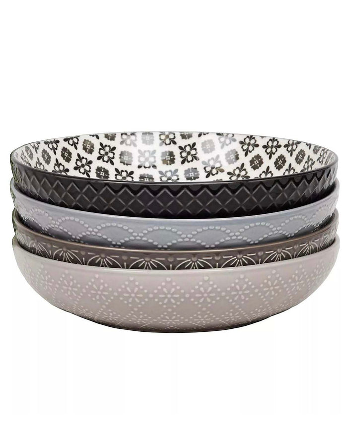 Patterned Nordic Monochrome Pasta Bowls - Set of Four