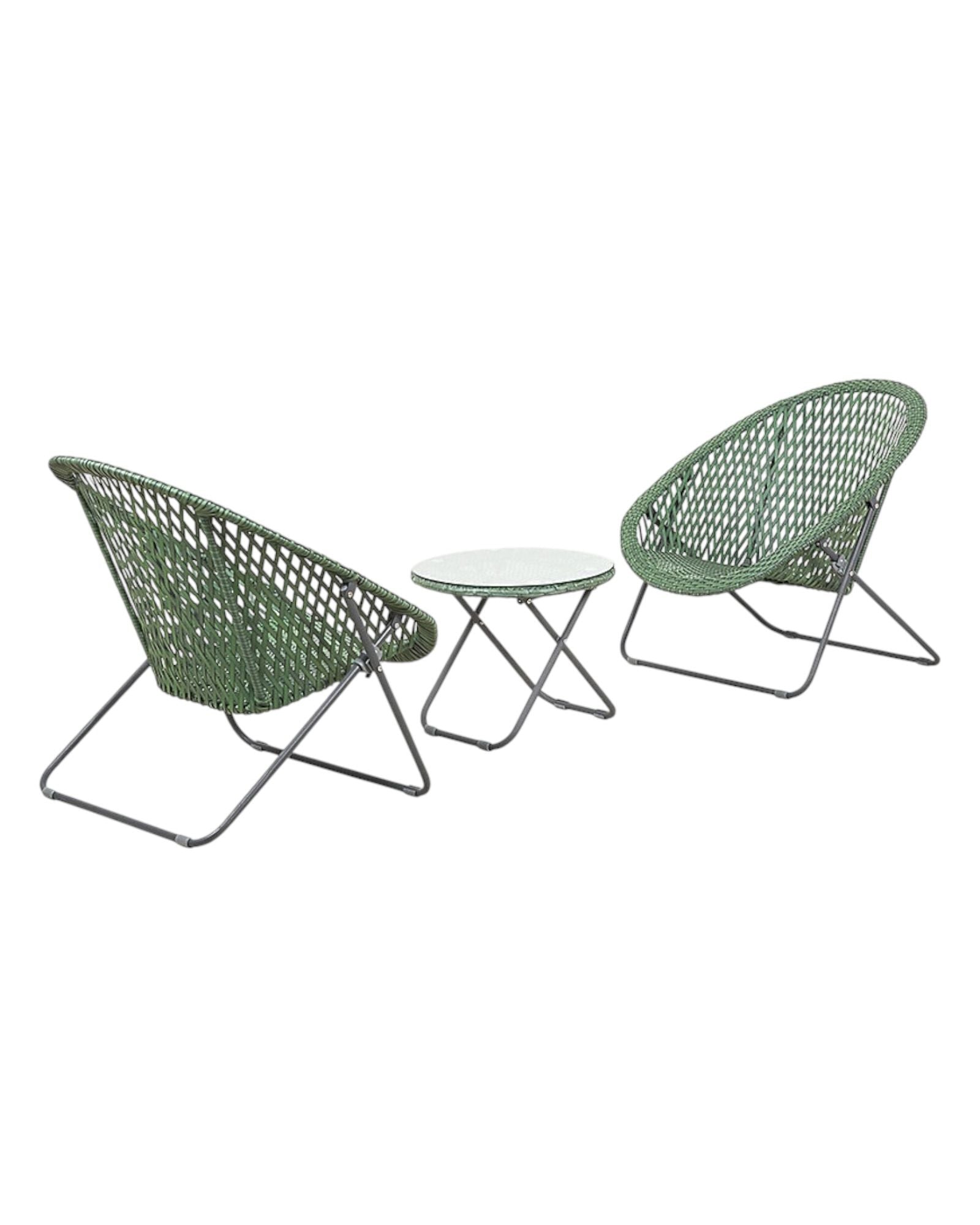 Green rattan garden furniture set with chair and table from Pacific Lifestyle Ltd, featuring woven rattan design and sturdy frame.