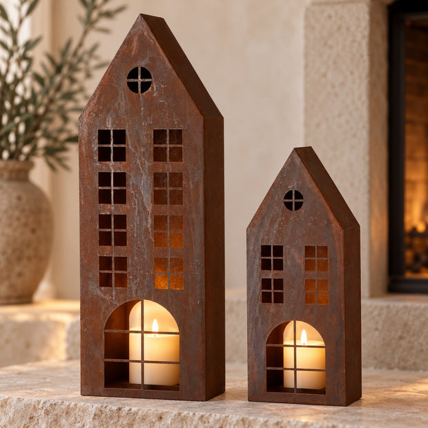 Extra Large Metal House Rust Candle Holder