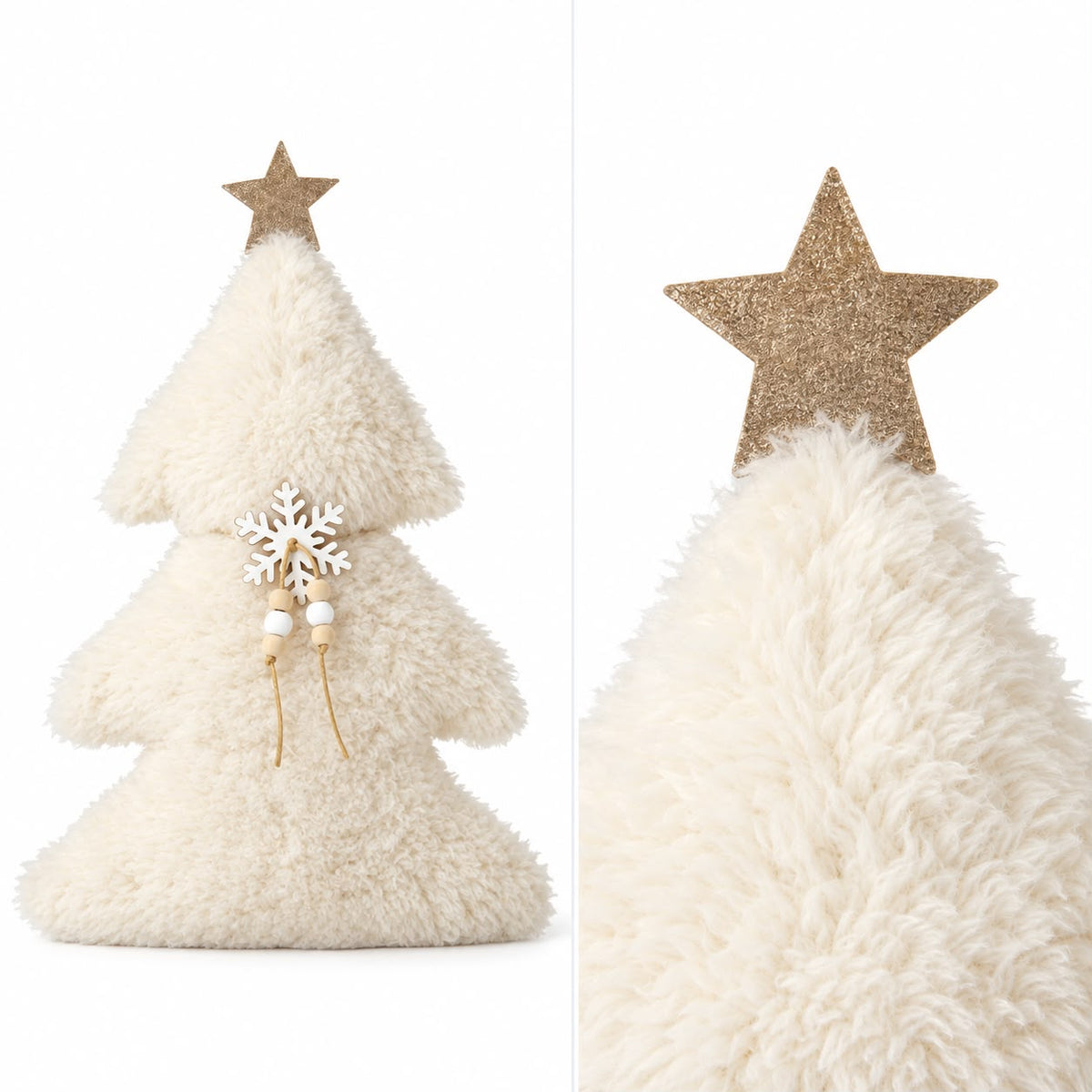 Fluffy Tree With Gold Star, full tree and close-up of its fluffy cream surface
