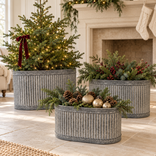 Ribbed Oval Galvanised Metal Planter Troughs - Set of Three