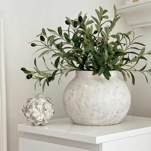 Artificial Standard Olive Stem, olive stems with dark olives in a white textured vase