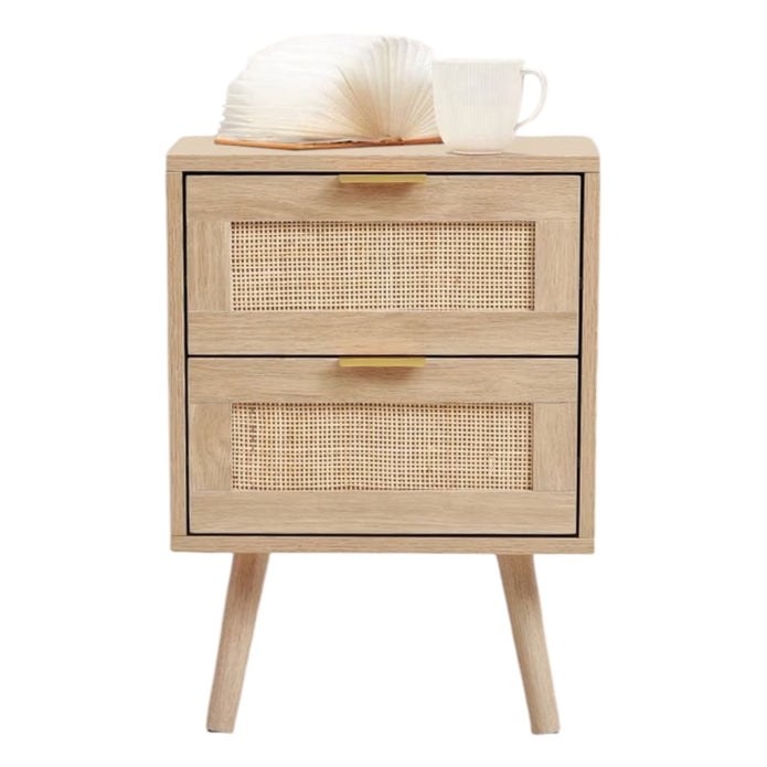 Natural Framed Rattan Bedside Lamp Tables Two Drawer