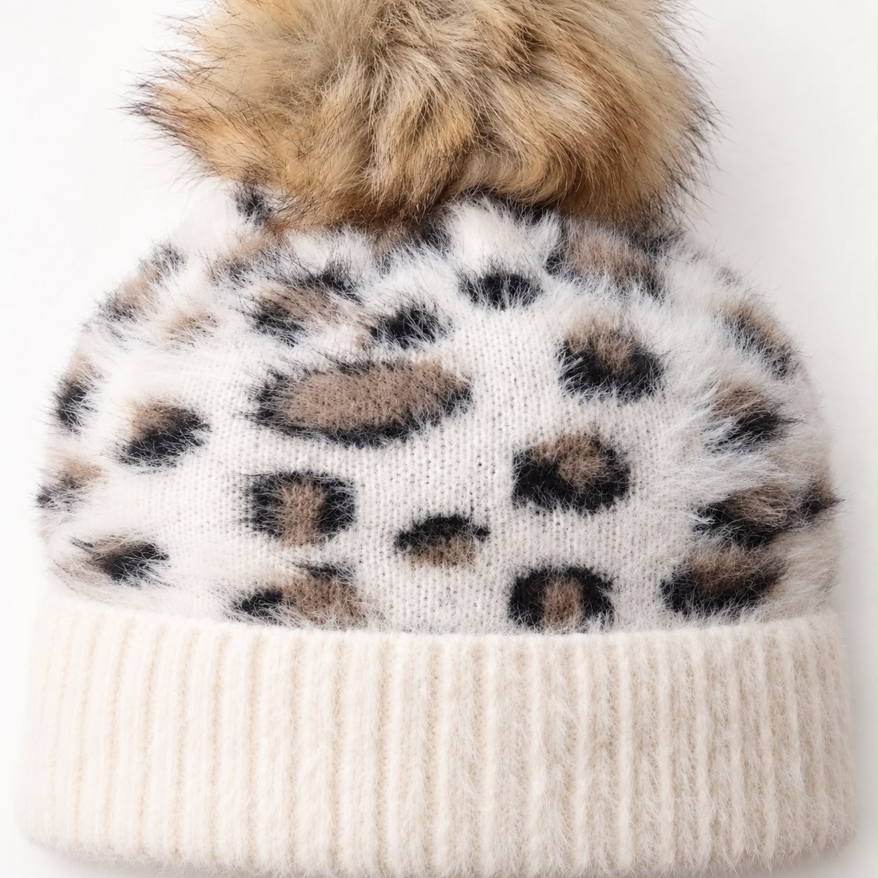 Cream Leopard Print Fluffy Bobble Hat