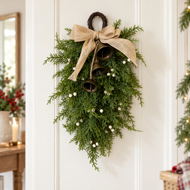 Teardrop spruce-style Christmas swag with white berries, bells and a hessian bow on a pale door