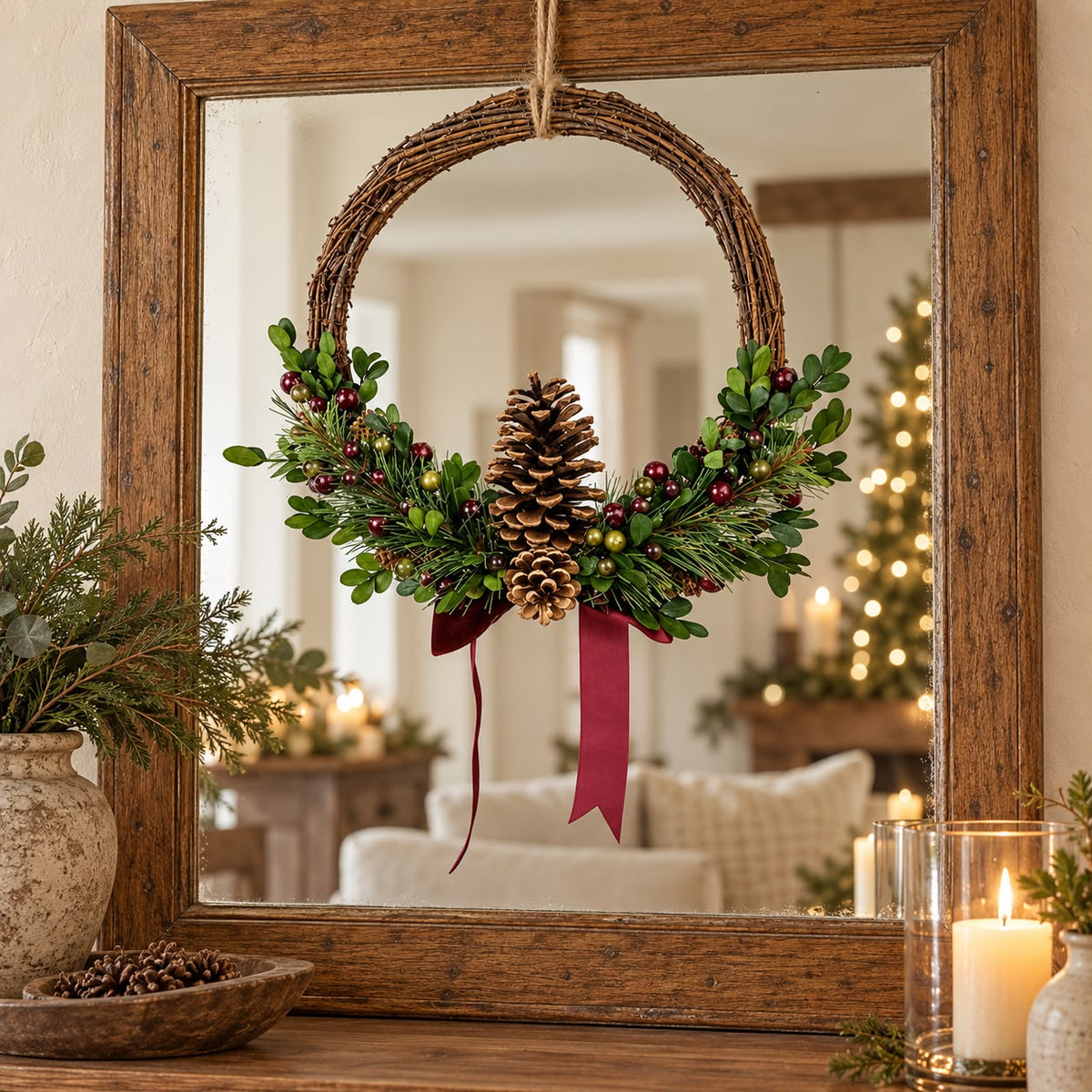 Rattan Pinceone and Berry Wreath with Burgundy Bow