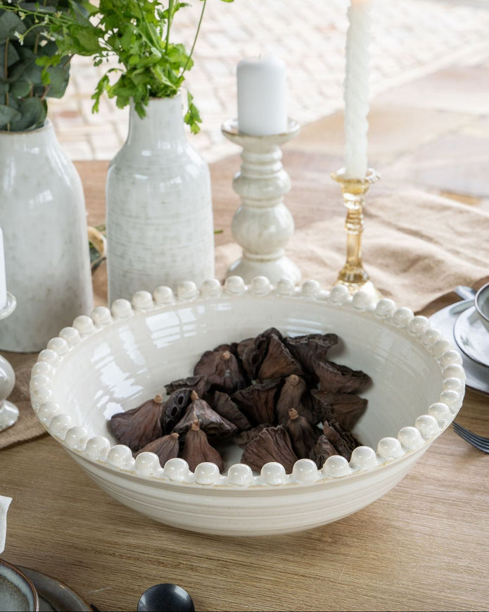 Round Large Matt White Bobble Edged Bowl