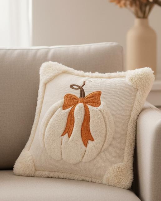 Beige Fluffy Pumpkin With Bow Cushion Cover