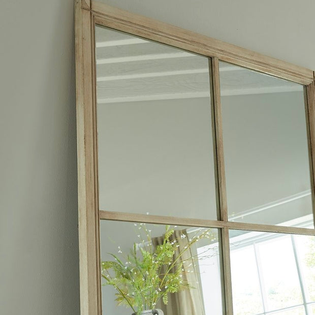 Large washed wood rectangle window framed mirror by Hill Interiors, showcasing a rustic, natural wood finish and sleek design.