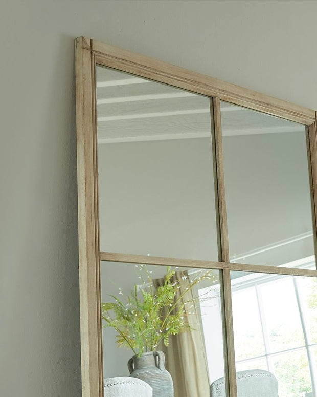 Large washed wood rectangle window framed mirror by Hill Interiors, showcasing a rustic, natural wood finish and sleek design.