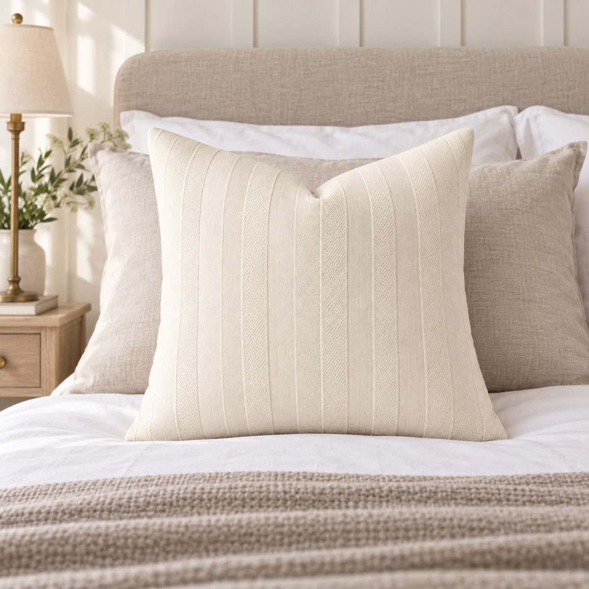 Ivory Cream Textured Stripe Velveteen Cushion Cover