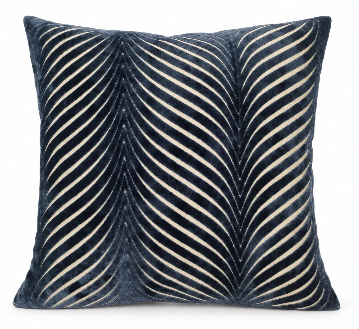 Navy Blue Cut Velvet Fan Cushion Cover, full view of the navy fan-patterned cushion on white