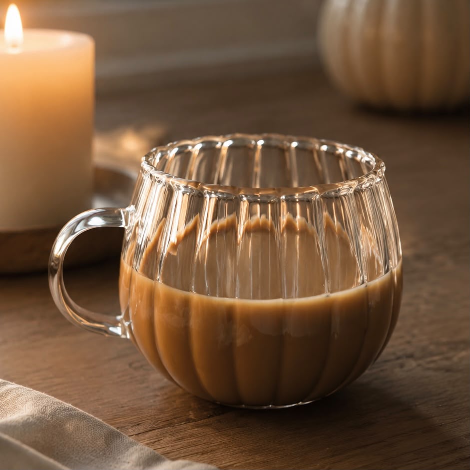 Glass Pumpkin Mug, clear ribbed pumpkin mug with a drink beside a candle