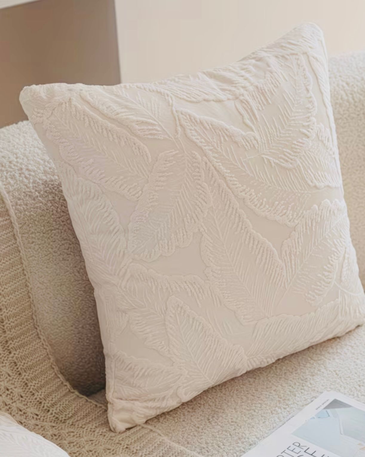 Ivory cream leaf embossed cushion cover by Starlight Express, soft furnishings with elegant leaf pattern and textured design.