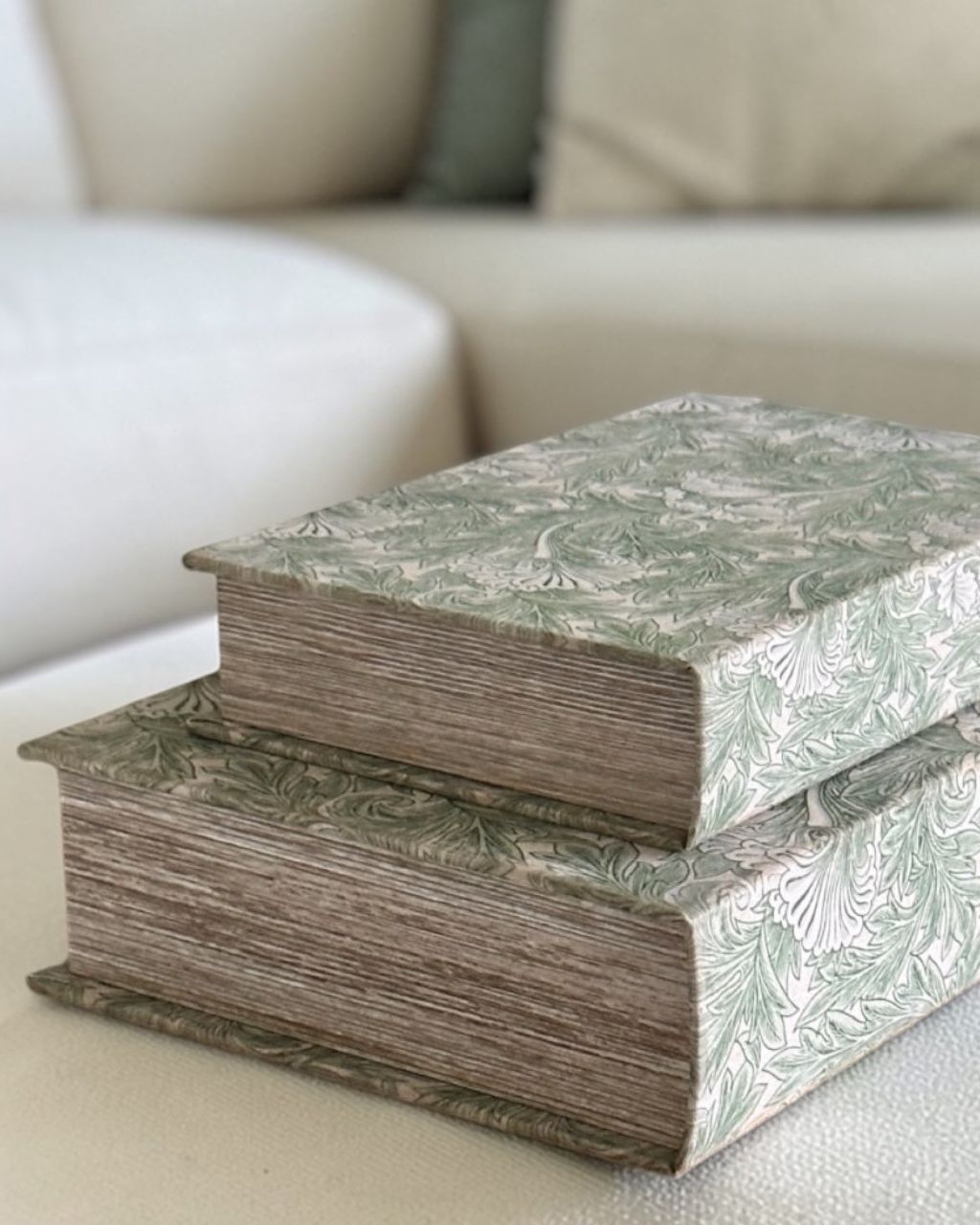 Set of 2 vintage cream and green design storage book boxes by Coach House, stylish home decor for organizing books and small items.