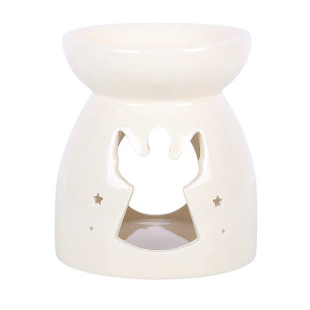 Angel cut out oil burner and wax warmer with intricate angel design, ceramic body, and warming dish for essential oils and wax melts.