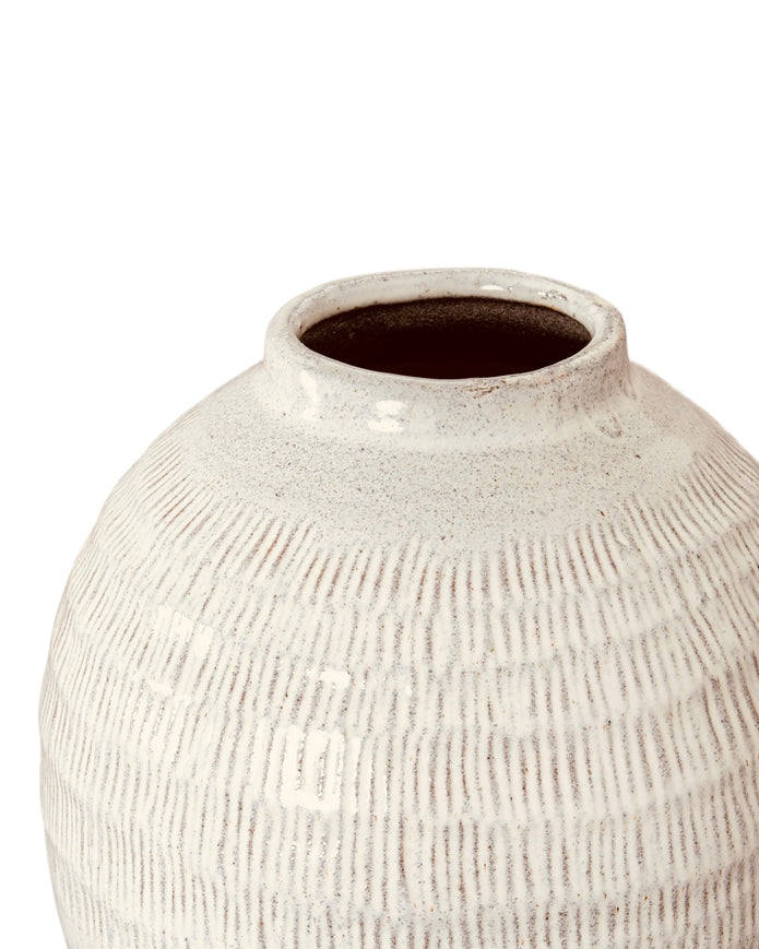 Kemi Olpe white glazed vase by Hill Interiors, showing a smooth, glossy ceramic surface with a rounded shape and wide opening.